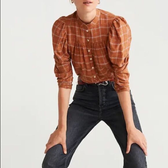 MANGO ORGANIC COTTON BLOUSE BROWN TAN CHECK PRINT GOLD METALLIC THREAD NWT SMALL - Picture 10 of 16